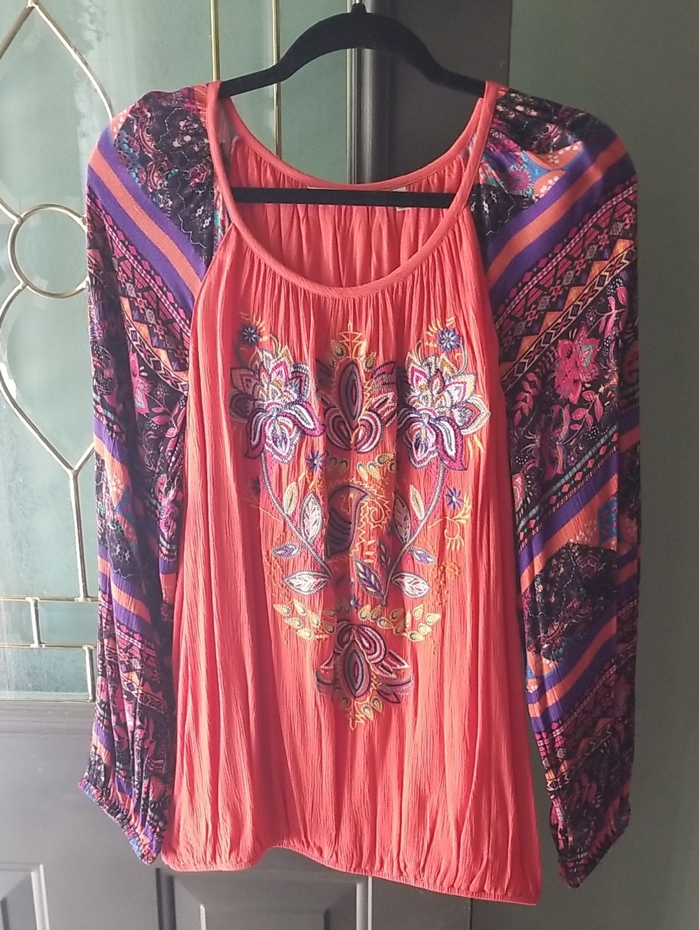 Soft Surroundings Coral Embroidered Peasant Blouse with Printed Sleeves